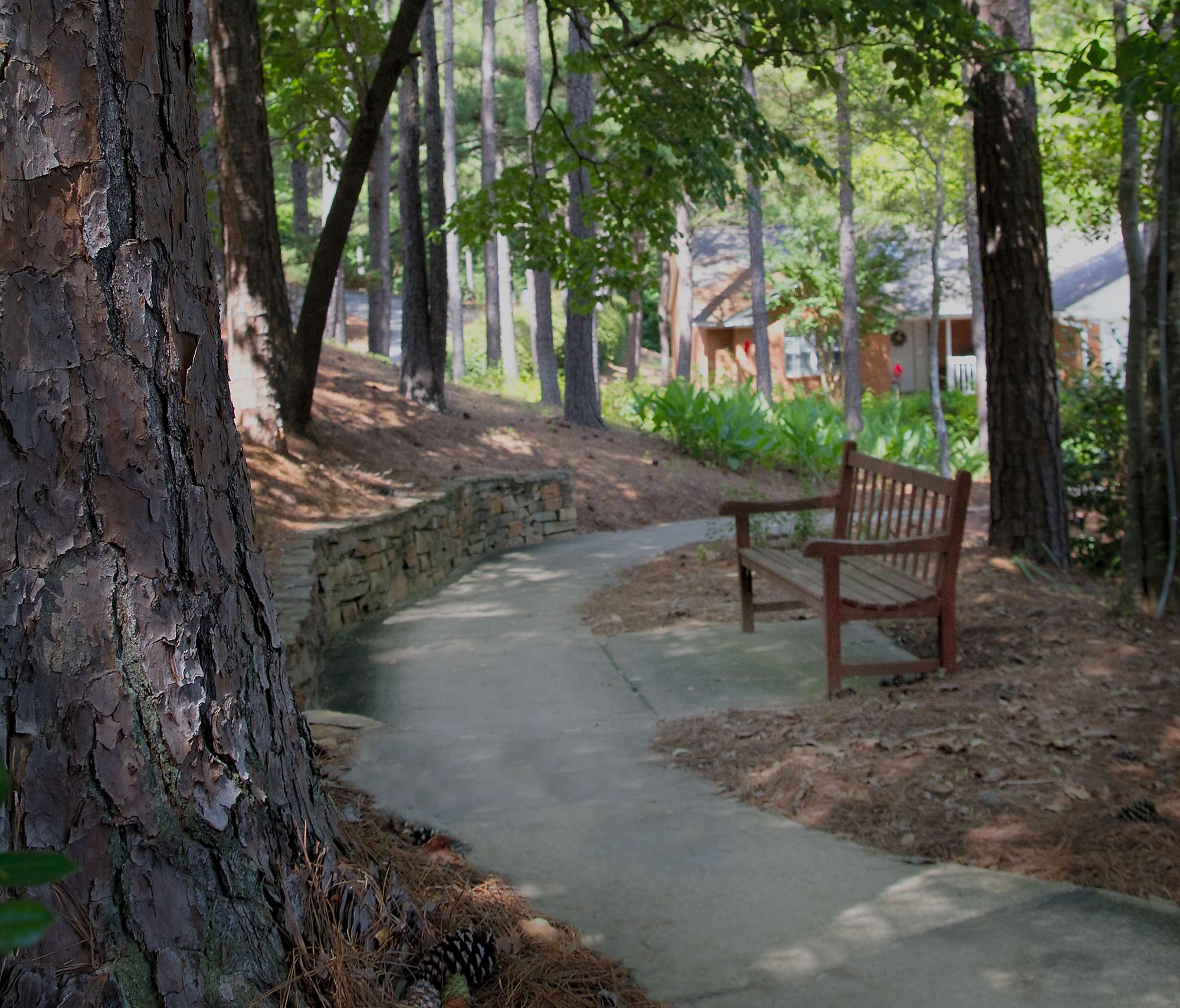 walking path and bench on resident grounds