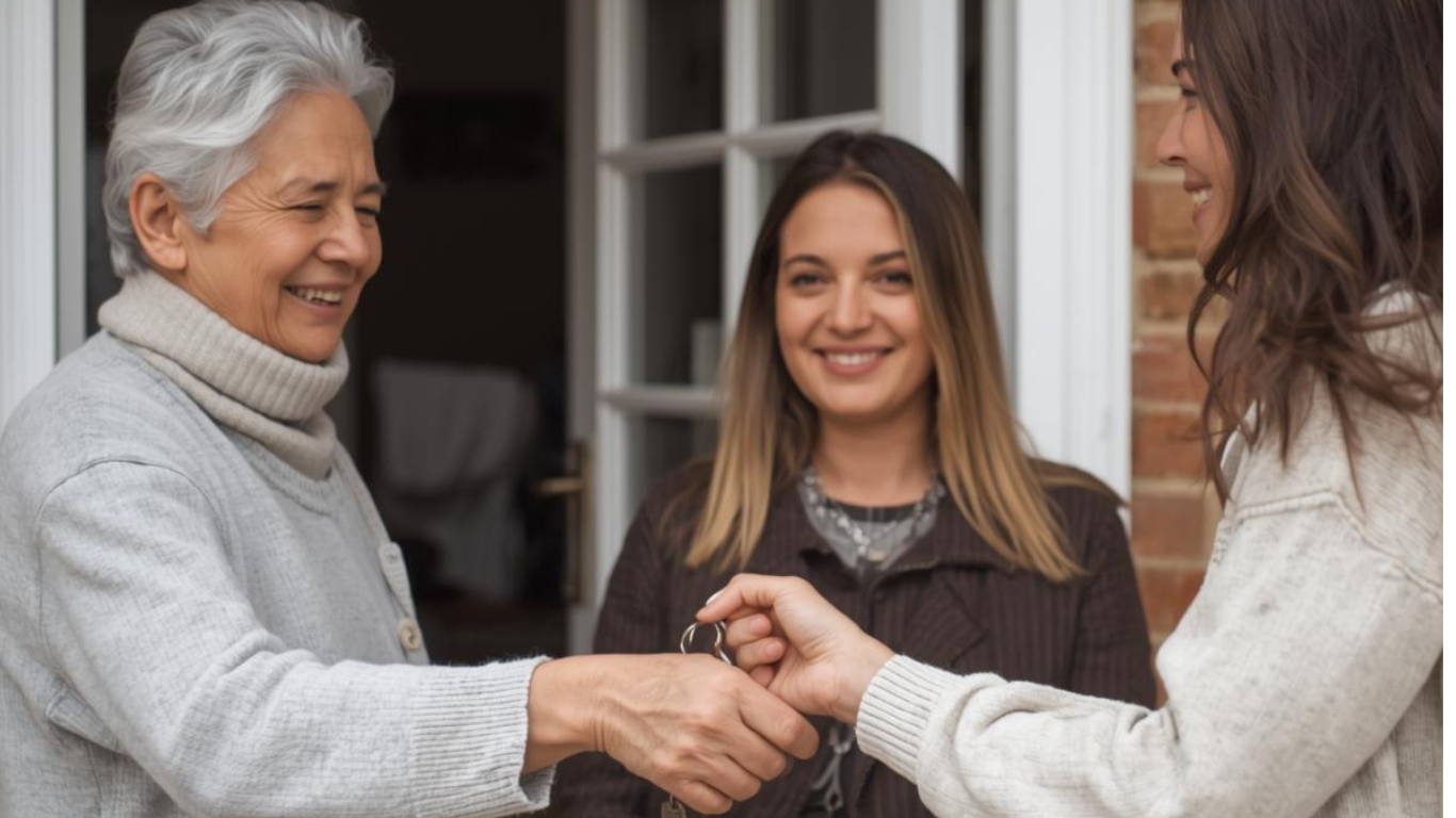 A senior woman hands over the house keys to a young woman who is buying the house