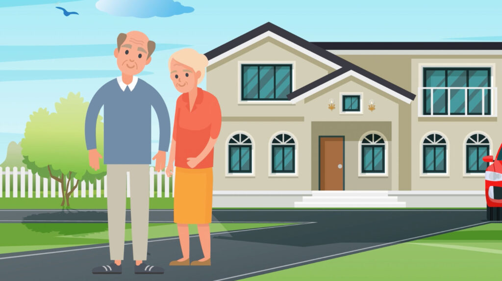 clipart graphic of an elderly couple standing outside of a retirement home